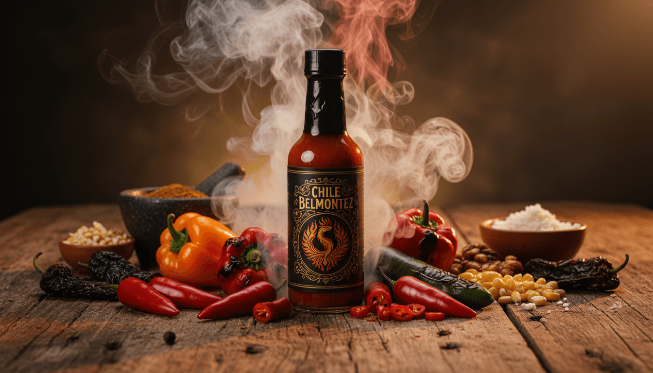 Chile Belmontez hot sauce bottle with smoke effects and fresh ingredients
