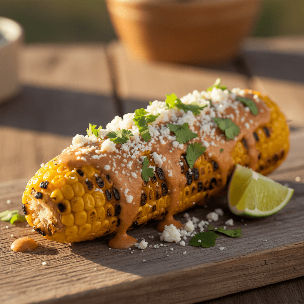Grilled corn with Chile Belmontez sauce and toppings