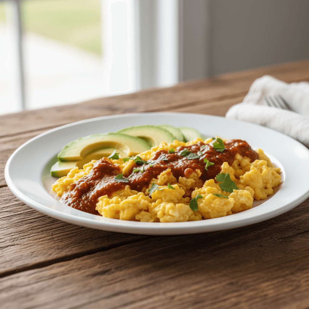 Scrambled eggs with Chile Belmontez sauce and avocado