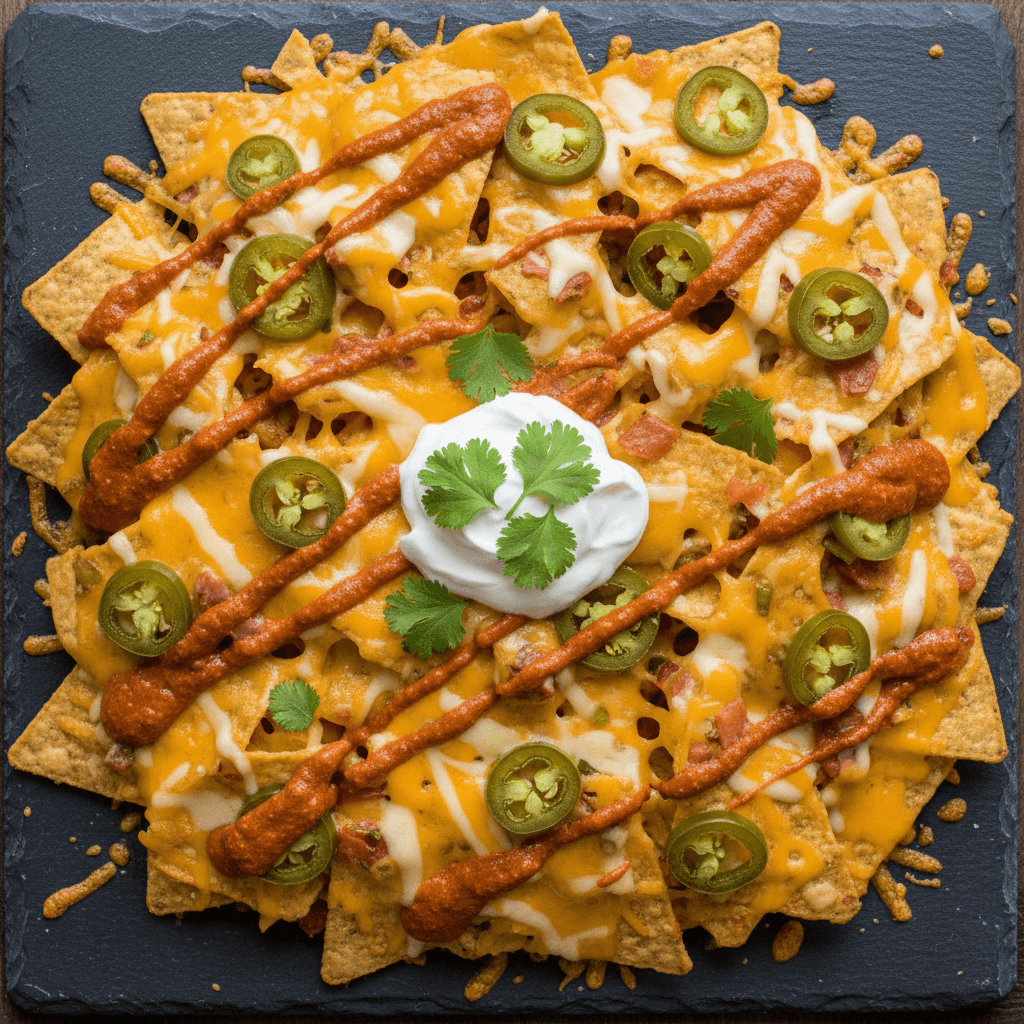 Loaded nachos topped with Chile Belmontez sauce