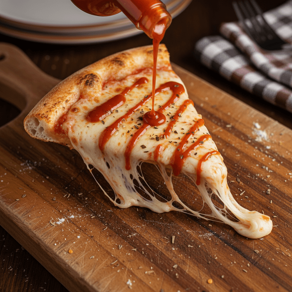 Pizza slice with Chile Belmontez hot sauce drizzle