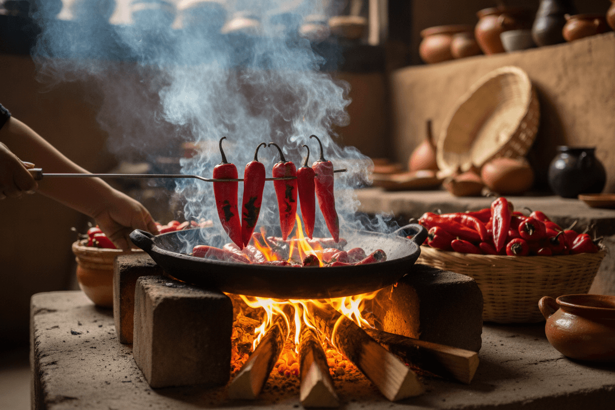 Traditional chile roasting process for Chile Belmontez